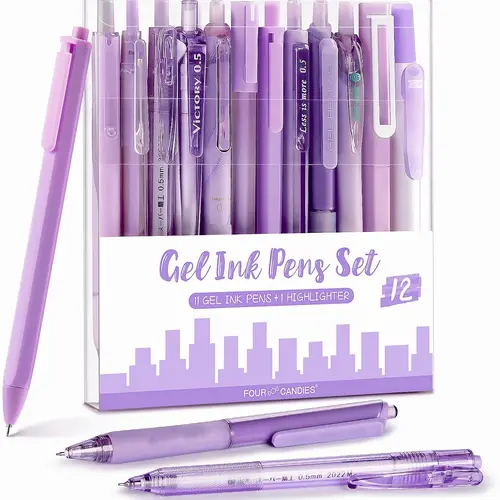 Four Candies 12Pack Retractable Gel Pens,0.5mm Fine Point Pastel Gel Pen Set,Note Taking Aesthetic Pens, 10 Black,1 Pink Ink with 1 Highlighter,Smooth Writing magical Pens gift(Pink/Blue/Brown/Green/Purple)back to school Supplies