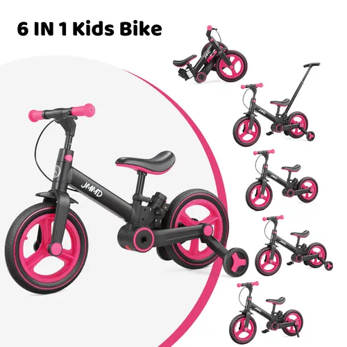 JMMD 6-in-1 Convertible Children's Bicycle - Multifunction Toddler Toy Balance Bike for 18-60 Months Boys & Girls with Adjustable Seat, Push Handle, Pedals, Training Wheels, Brakes, Kickstand, Steel Frame, Outdoor Riding Gift