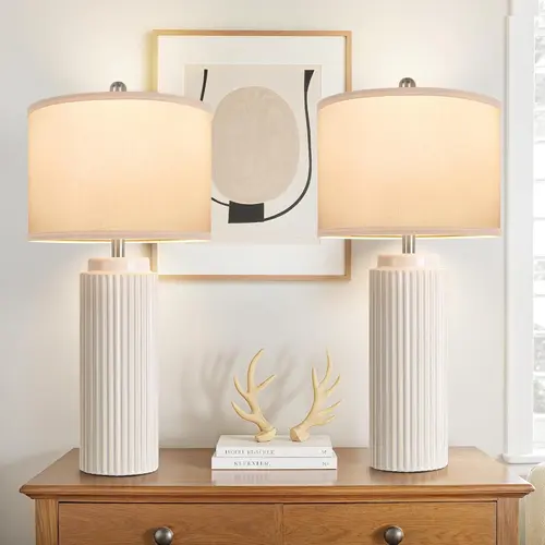 MATULSA 28" Modern Ceramic Table Lamps Set of 2 with White Linen Shade - Decorative Lighting for Living Room, Bedroom Nightstand - Home Decor Lights, 28" Tall Presence, Living Room Decorations for Home Office Dorm, Bedroom Decor