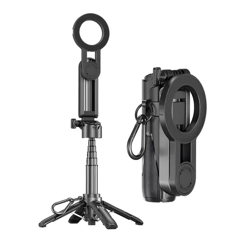 Portable Selfie Stick Tripod for iPhone Android 360° Adjustable, Magnetic Snap-On Mobile Tripod Stand with Fill Light, Extendable Compact Travel Tripod Stabilizer, Wireless Remote for Mobile Photography
