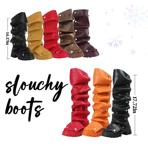 Women's PU Leather Plain 14.17" Mid-Calf Slouchy High Heel Footwear - Chunky Platform Heels, Ruched Design, Fold-Over Round Toe, Rubber Sole, Casual Wear Walking Shoes, Fall Winter Statement Boots