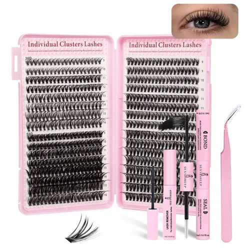 DIY Eyelash Extension Kit, Eyelash Extension Supplies, 640 Pieces Mixed Lengths 9-16mm, Includes Bond&Seal&Remove&Eyelash Tweezers, Single Row D Curl Lashes Set, Includes Lash Tools