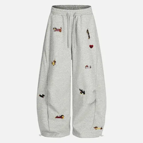 Aelfric Eden Women's Stylish Soft Embroidered Cartoon Animal High-Waist Medium Baggy Wide-Leg Tracksuit Pants - Drawstring Elastic Waist, Pockets, Fitted Workout Jogger, Casual Vintage Streetwear Women's Clothing