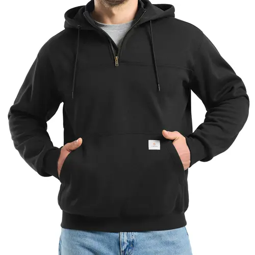 HISEA Men’s Classic Plain Knitted Fleece Fabric Hoodie Tops - 13.6oz Heavyweight Insulated, 1/4-Front Half Zip Pullover, Adjustable Hood, Waterproof, Machine-Washable, Loose Fit, Breathable, Cold Weather Outdoor Work Protection