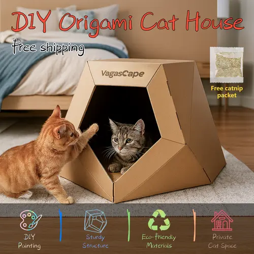 Vagascape DIY Origami Hand-Painted Cardboard Cat House, Scratch-Resistant Chew-Resistant Kraft Paper, Foldable Detachable Easy-Assembly Pet House with Foldable Bed, Ideal Gift for Cats
