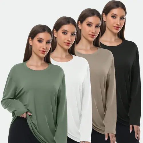 Women's 4-Pack Oversized Long Sleeve Casual Workout Tops - Plus Size Athletic Apparel, Activewear Gym Tees, Machine Washable Clothes, Oversized Tshirt, M