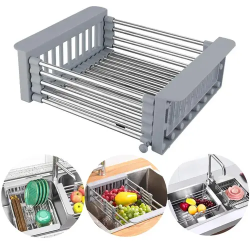 Stainless Steel Square Retractable Basket - Over-The-Sink Kitchen Organizer with Adjustable Armrest, Compact Expandable Dish Drying Rack for Fruits, Produce & Water Filtering
