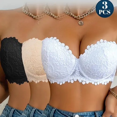 【DealsForYouDays】Mimilemon Lady's 3PCS Strapless Half-Cup Lace Lingerie Set - Elegant Steel Band Bra with Adjustable Straps, Fit & Style Basics for Halloween Elegance, Customized Comfort Womenswear Underwear
