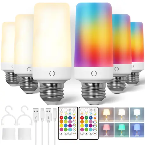 DEBAOBULB RGB Multicolored Light Bulb - E26 Base, 9W, 120V, 1800mAh Batteries, Dimmable Emergency RGB Fire LED, Remote Control, 12 Colors, 5 Modes, Energy Saver, Mood Lighting, Certified Safe for Power Outages, Parties