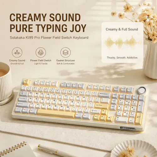 Solakaka KI99 Pro 96% Tri-Mode Custom Mechanical Keyboard - Creamy Keyboard, PBT Keycaps, Precise Wireless, Hot-Swappable Gasket Mount, Flower Field Pre-Lubed Switches, RGB Backlit, Knob Volume Control, Beige White, Bluetooth/2.4G/USB-C for PC/Laptop
