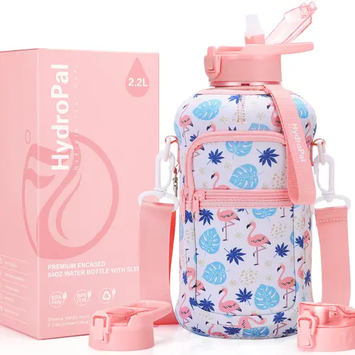 74oz BPA-Free Leak-Proof Sports Water Bottle with Patterned Crossbody Sleeve, Built-In Pouch for Keys, Adjustable Strap, Handle, 2 Lids & Drop-Resistant Design, Premium Hydration Waterbottles for Sports & Outdoor Use