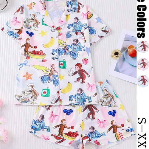 Women's Cute Monkey Print Pajama Set, Short Sleeve Lapel Top & Elastic Shorts, Casual Summer Sleepwear, Sleepwear Sets, 2 Piece, Pajama Pattern