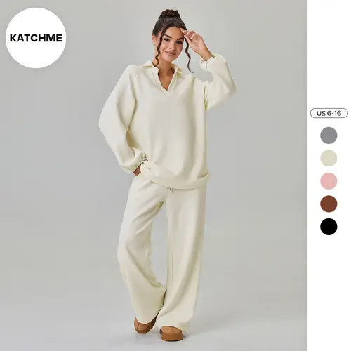Katch Me Chic(US/CN)Women's Slouchy Solid Color V-Neck Loose Textured Pullover & Drawstring Waist Trousers Co-ord Set & Separates, Minimalist Outfits, Casual Lounge Set
