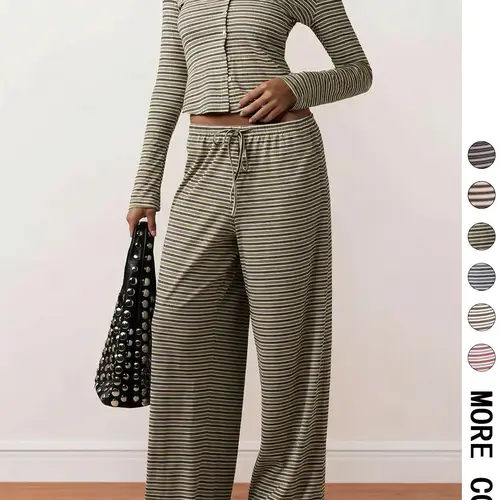 Women's Loose-Fit Knitted Buttoned Ribbed Long Sleeve Top & Striped Wide-Leg Pants Set, Casual Cozy Lounge Set, Two Pieces Sets, All-Season Comfortable Casual Womenswear Outfits for Women