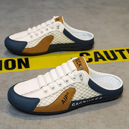 2026 Summer New Men's Baotou Footwear, S11 Beige Herringbone Design, White & Blue Mesh Casual Outdoor Street Fashion Bean Shoes