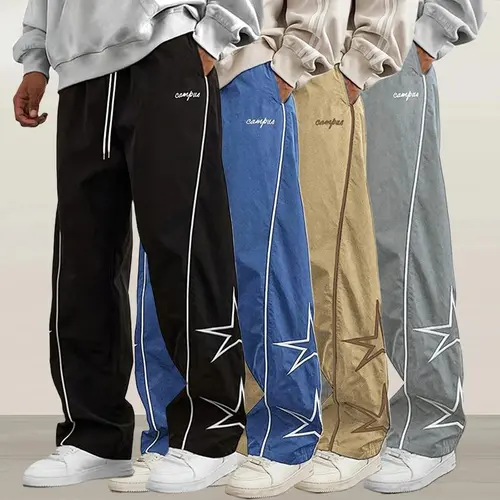 Men's Striped Graphic Regular Leg Sportswear Pants - All-Season Casual Trendy Drawstring Waistband, Loose Cargo-Inspired Sweatpants, Machine Washable Athletic Menswear Bottoms, Machine Washable Men's Pants