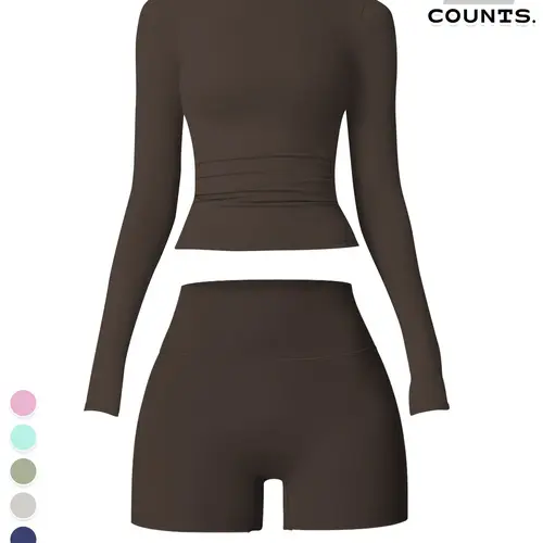 Women's Sporty Two-Piece Set, Long Sleeve Breathable Round Neck Top & High Waist Shorts, Comfortable Running Gym, Workout Running Clothes