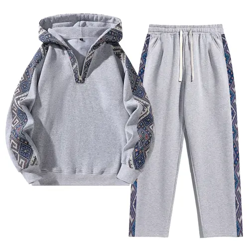 Men's Two-Piece Sport Set, Sweatsuit, Ethnic Pattern Hoodie & Straight Leg Pants, Casual Style, Soft Fabric, Fall & Winter Wear
