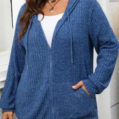Spring Summer Women's Oversized Knit Hooded Coat, Drawstring Cap Full Zipper Long Sleeve Side Pocket Loose Fit Slimming Casual Sweater