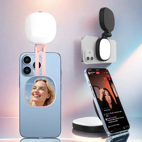 Magnetic Selfie Light for Phone with Mirror, Retractable Foldable Pocket Size Portable Mini Ring Light for Phone, Dimmable Fill LED Phone Light, Selfie Led Lights for Video Recording/Live Streaming/Makeup/Vlog, Led Smartphone Light