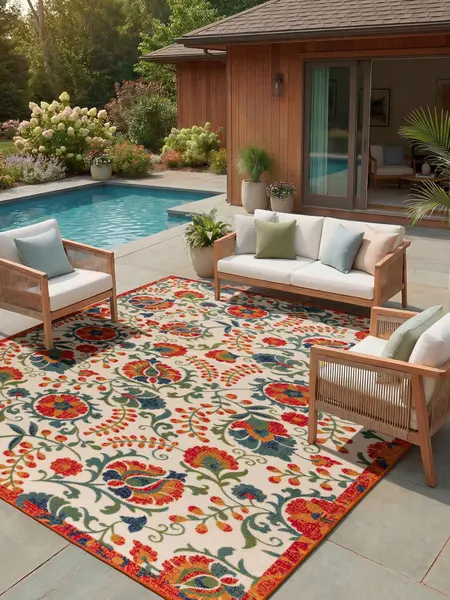 Nourison Floral Print Area Rug - Textured Decorative Outdoor Rug for Patio and Outdoor Spaces, Floral Print Rug