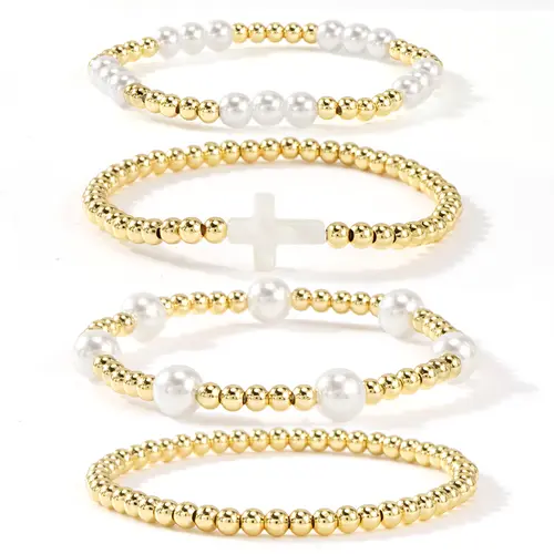 Shinus Women's Boho Christian Gold-Plated Beaded Bracelet Set - Pearl Cross, High Quality, Fashion, Non Tarnish Jewelry, Stretch Fit Slips On With Ease, Easy To Layer For More Boho Style, Friendship Gift