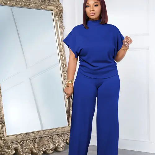 USBoutique Chic [Upgraded fabric] Women Summer Lightweight And Silky Soft Set Two Piece Casual Set Short Sleeved Semi High Neck Loose Top Wide Leg Pants Set