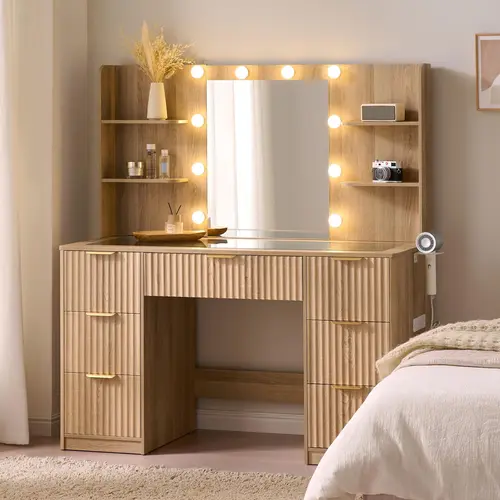 [SummerSale]VanAcc 36.2/47.2" Fluted Vanity Desk with Mirror and Adjustable LED Lights, Large 4/7 Drawers Makeup Table with Glass Top and Charging Station for Women and Girls, Bedroom or Dorm