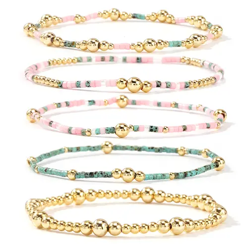 Shinus Boho 14K Gold Beaded Stretch Bracelet Stack for Women, 5PCS Boho style Handmade Turquoise Pink Small Beads cute Bracelets Set Fashion Holiday Prom Jewelry Friendship Gift, gift for her, Gold Jewelry, Gift Sets For Women, Bracelet Jewelry, Wrist Sta