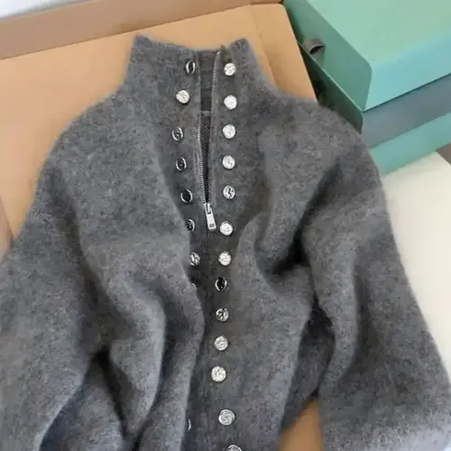 Elegant Chic Women's Knitted High Neck Cardigan, Fashion Fitted Cardigan, Long Sleeve Ribbed Design, Faux Button Detail, Perfect for Spring & Fall Fashion, Knitwear