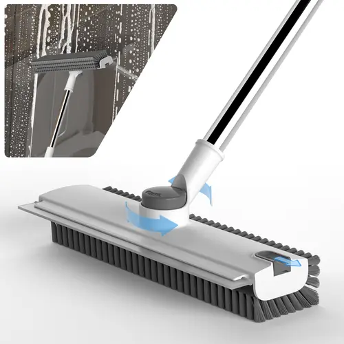 GLUMZRK Multi-Function 3-in-1 Floor Scrub Brush with Long Adjustable Stainless Steel Handle - 360° Bristle Brush, Smooth Silicone Squeegee Broom for Tile, Concrete Floors, Grey White, Glass Compatible (Long Handled Adjustable Brooms)