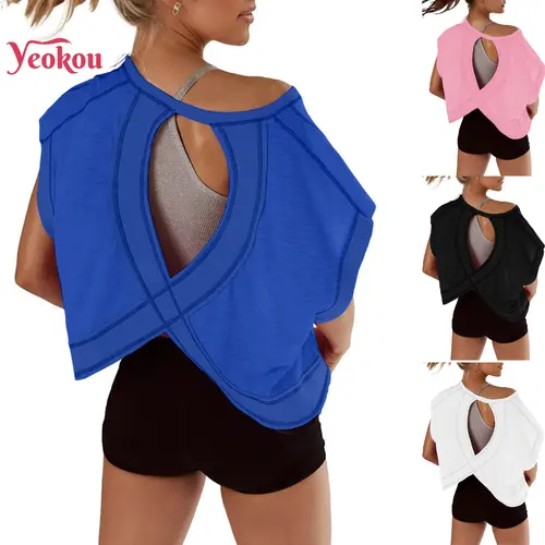 Yeokou Women Open Back Tops for Women Oversized Short Sleeve Workout T Shirts Backless Y2k Athletic Crop Running Tees,summerwins,back to school,back to school shopping