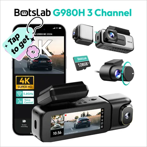 Botslab 4K Multi Camera Dash Cam - 3 Channel, 3.18" Touch Screen, Night Vision, GPS Dashboard Camera, Wi-Fi, Voice Control, 24/7 Parking Mode, 128GB Card, HD Automotive Dashcam, HD Driving Recorder