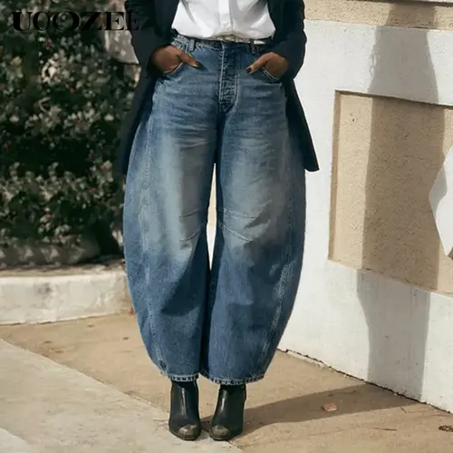 UOOZEE 2026 Women's Fall Baggy Denim Jeans - Pleated Split Thick Basic Wide Jeans, Casual Fashion Denim Loose-Fit Bottoms with Pockets, Petite Smaller Waist (Check Size Guide/Order 1 Size Larger), Streetwear, Polyester, Hand Wash