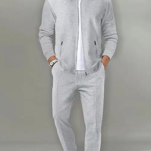 Men's Casual Zipper Jacket Pants Set, Polyester Material, Solid Collar, Suitable for Spring/autumn/winter Outdoor Activities