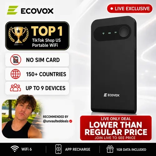 ECOVOX Wireless WiFi Hotspot - No SIM Card/Contract, Pay As You Go 4G LTE WiFi 6, 150+ Countries, 9-Device Connectivity, 13-Hour Battery, 1GB Starter Data, Pocket-Size, WPA2 Secure, Portable Travel Internet, Back to School (Batteries Included)
