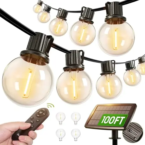 Solar Outdoor G40 LED Edison Bulbs String Lights - Rechargeable, Waterproof for Rainy Patios, Shatterproof, Connectable Porch Decor for Backyard Courtyard, Valentine Nights Ambient Lighting, Solar Outdoor Lights