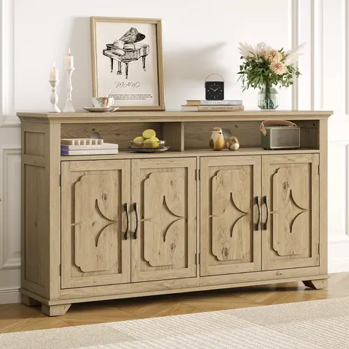 【SummerFinds】ONBRILL 60 Inches Sideboard Buffet Cabinet with Storage, Large Credenza with 4 Carved Doors, Open Storage Shelf, Adjustable Shelves, Coffee Bar Cabinet for Kitchen, Living Room, Storage Furniture, Wood Cabinet Chest