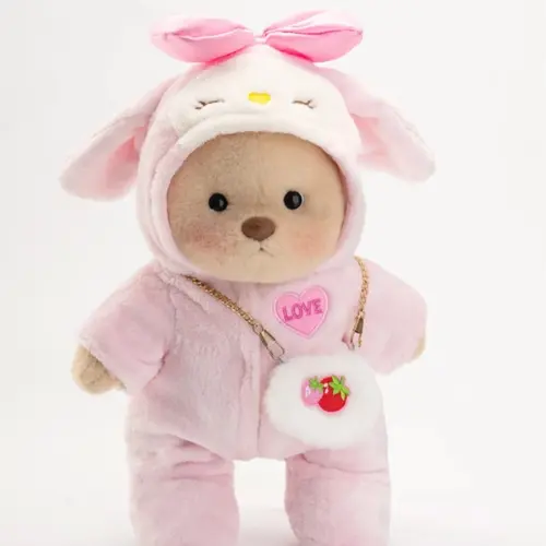 Getahug Handmade Brown Strawberry Teddy Bear - 9in Posable Joints Collectible Plushie, 12in Standing Height, 7.5in Width, Bow-Adorned Bunny Accent, Soft Polyester Fill, Hand Wash Only, Moveable Stuffed Animal, Kids 6 Years and Up Love Gift