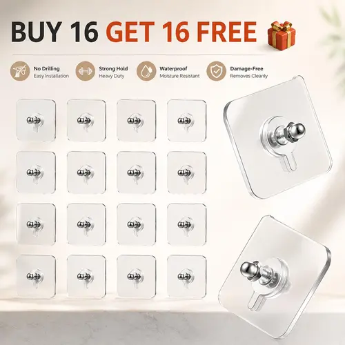 BUY 16 Get 16 Free 32-Piece No-Drill Screw Stickers, Strong Adhesive No-Nail, No Drilling Required Adhesive Wall Hooks Wall Mount Screw Hooks Picture Hangers Only for Smooth Surfaces (Not for Wallpaper/Textured Walls) Room Organization Products Organiser