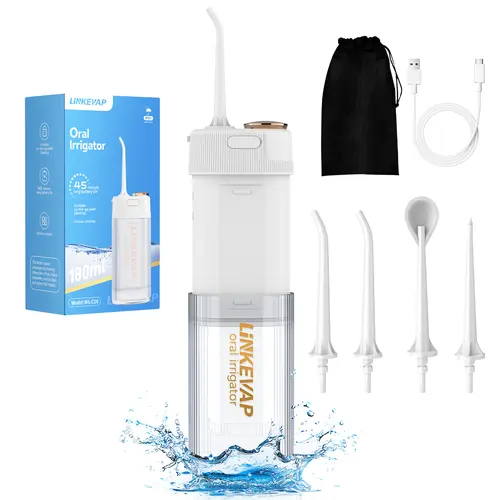 LINKEVAP Cordless Oral Irrigator - Waterproof USB Rechargeable Water Flosser with 180ml Removable Tank, 5 Nozzles, 360° Swivel Head for Adults Home & Travel Deep Clean, Braces Care, USB Charger | Back to School