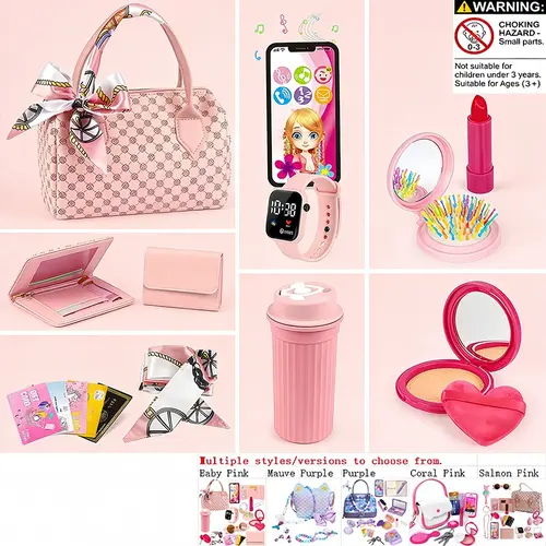 Realistic Girl Handbag Toy Set, Pretend Playset, Colorful Pretend Play Accessories, Includes Phone Wallet Makeup Toys, Perfect Birthday Gift for Girls（This product is available in multiple options.100mah Button Battery）