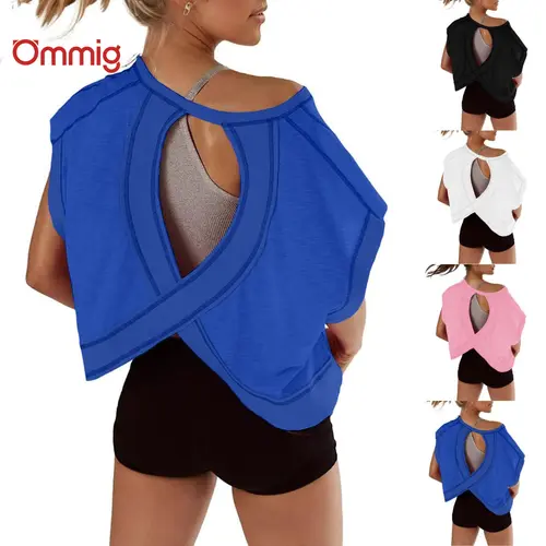 Ommig Women's Open Back Slouchy Short Sleeve Crop Top - Soft Lightweight Fitness Apparel, Casual Running & Workout Women's Tops
