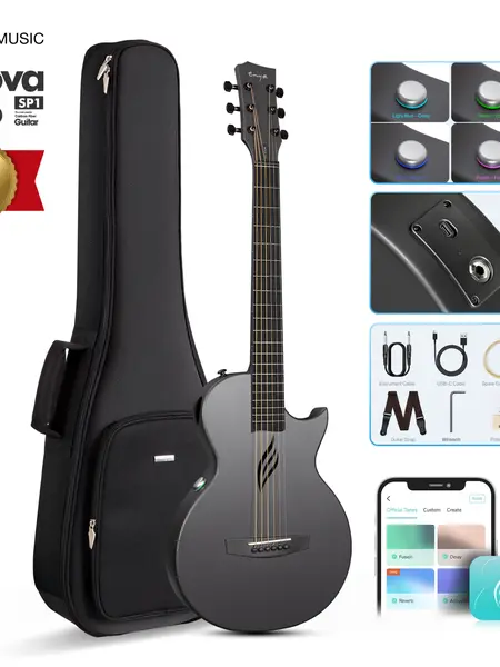 【Play Anywhere】Enya NOVA GO SP1 Carbon Fiber Travel Guitar 35" Acoustic Electric with Smart AcousticPlus Technology Built-in Effects USB Recording Bluetooth Speaker Beginner Bundle Gig Bag Accessories 24-Hour Shipping 2-Year Warranty DealsForYouDays