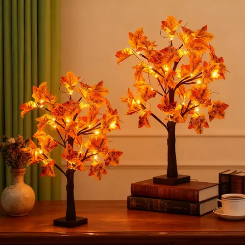 2-Piece Plastic 23-in Thanksgiving Maple Tree Set - 24-LED Battery-Powered Artificial Tree with Themed Decorative Lights, Thanksgiving Decor for Indoor Room Enhancement, Autumn Ambiance