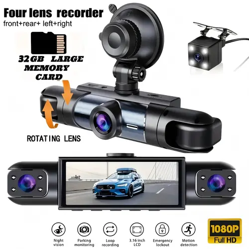 Nuokaiqi 4-Channel Dashcam - 1080P Front, 720P Left/Right/Rear, Night Vision, Loop Recording, USB-C HD Camera Security, Car Accessories for Cars, RVs toolupgrade