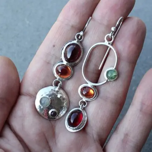 Women's Vintage Geometric Asymmetrical Pierced Earrings, Handmade Colorful Gemstone Dangle Earrings, Unique Creative Trendy Jewelry Gift for Women, Unique Design Earrings