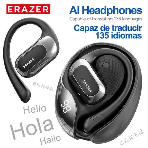 ERAZER X5 Wireless Translation Earbuds - Bluetooth 6.0 Audio Headphones, Waterproof Plastic Build, App-Supported 134-Language Real-Time Translation, Built-In Microphone, Call Control for Office, Sports Use