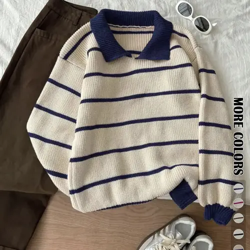 Autumn Winter Striped Polo Neck Long Sleeve Pullover Sweater, Fashionable Lazy Casual Jumper Loose Fit Knitwear, Versatile Style, Tops, Womenswear, Lady, Piece, Knitwear For Fall