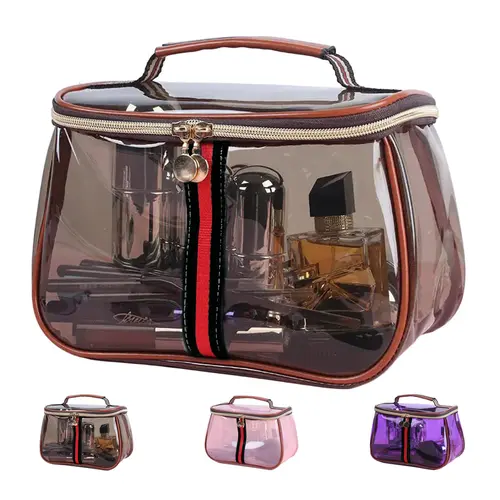 New Retro Vintage Vanity Bag, Vintage Makeup Bag, Ladies Large Capacity Makeup Organizer, Waterproof Transparent with Zipper Toiletry Bag, Women Ladies Travel Storage Case (Transparent brown)